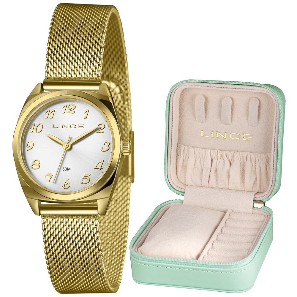 Kit Relógio Feminino Lince Dourado Visor Prata Todo Numerado Pulseira Milanesa Á Prova D'água LRGH279L30