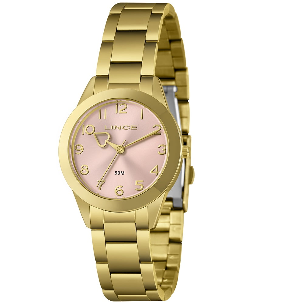 Kit Relógio Feminino Lince Dourado Visor Rosa com Numeração Completa Á Prova D'água LRG4844L34