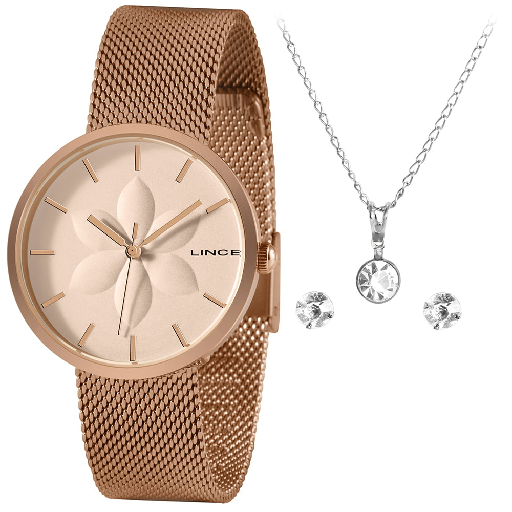 Kit Relógio Feminino Lince Rose Flor com pulseira Milanesa Presente LRRH154L