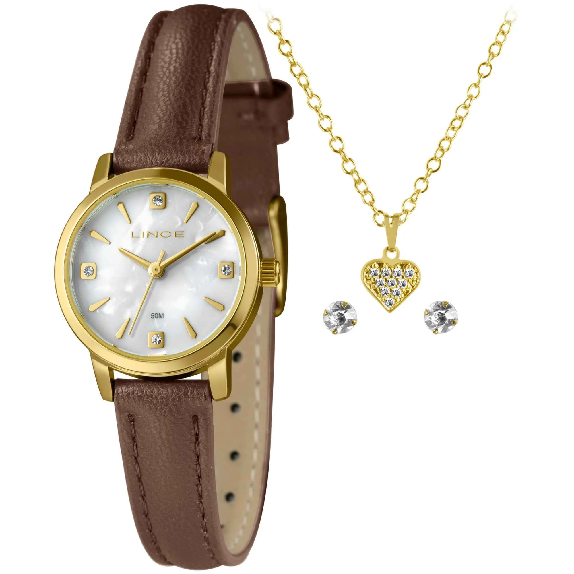 Kit Relógio Feminino Lince Dourado Pulseira de Couro Marrom a prova d´água  LRCH173L25 - Imperial Relógios