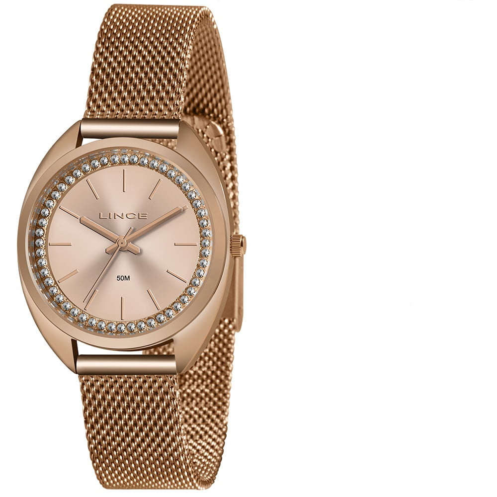Kit Relógio Feminino Lince Rose com Pedras Pulseira Milanesa  Presente LRR4701L