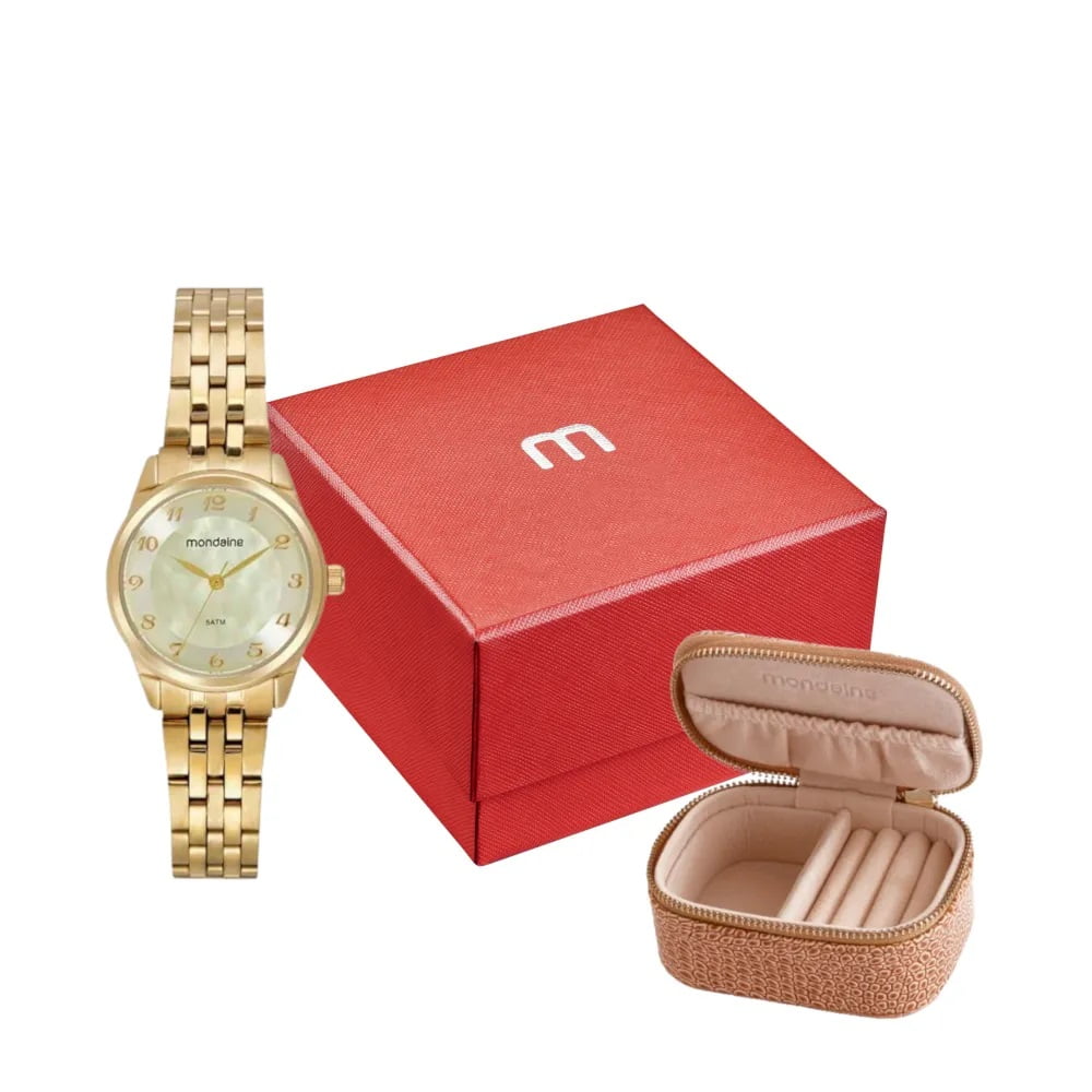 Kit Relógio Mondaine Feminino Mostrador Madrepérola Dourado Com Porta-Joias Á Prova D'água 32804LPMKDE1