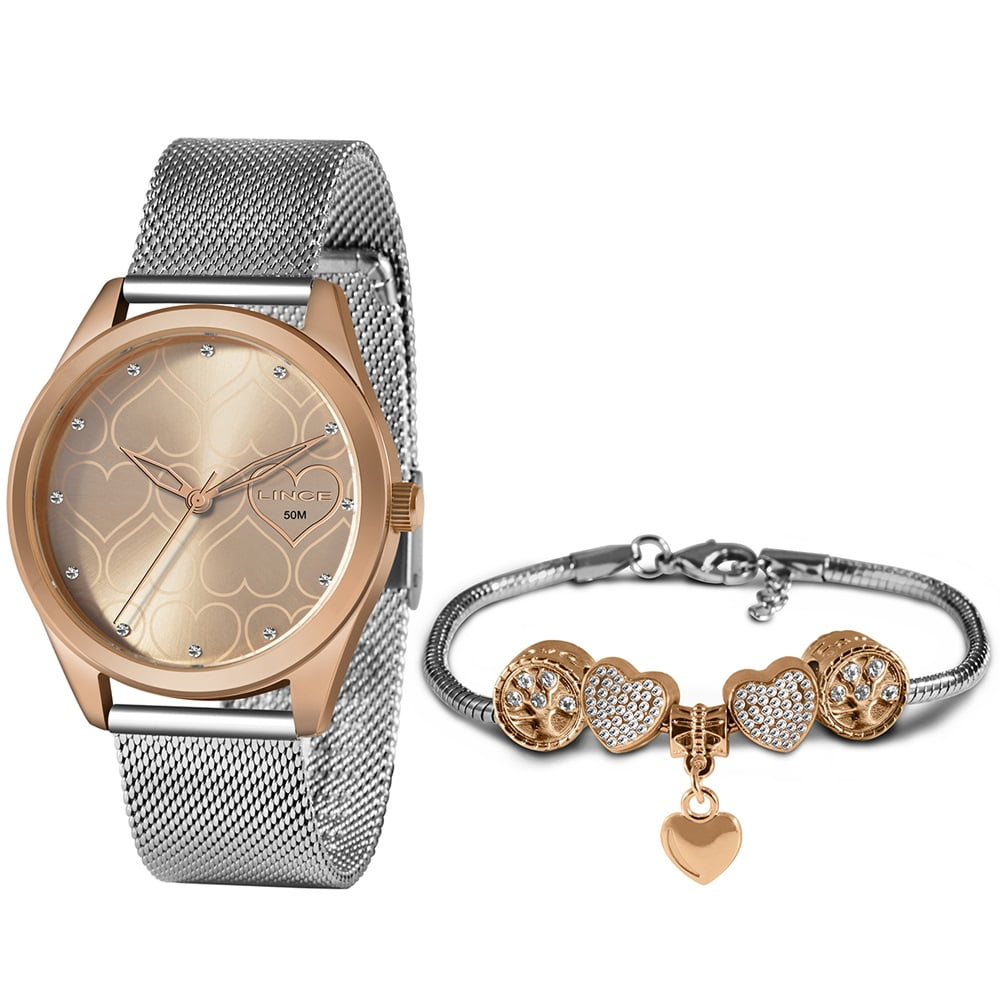 Kit Relógio Lince Feminino Bicolor Prateado e Rose Visor Rose com Cristais Corações Pulseira Milanesa Á Prova d'água LRT4637L