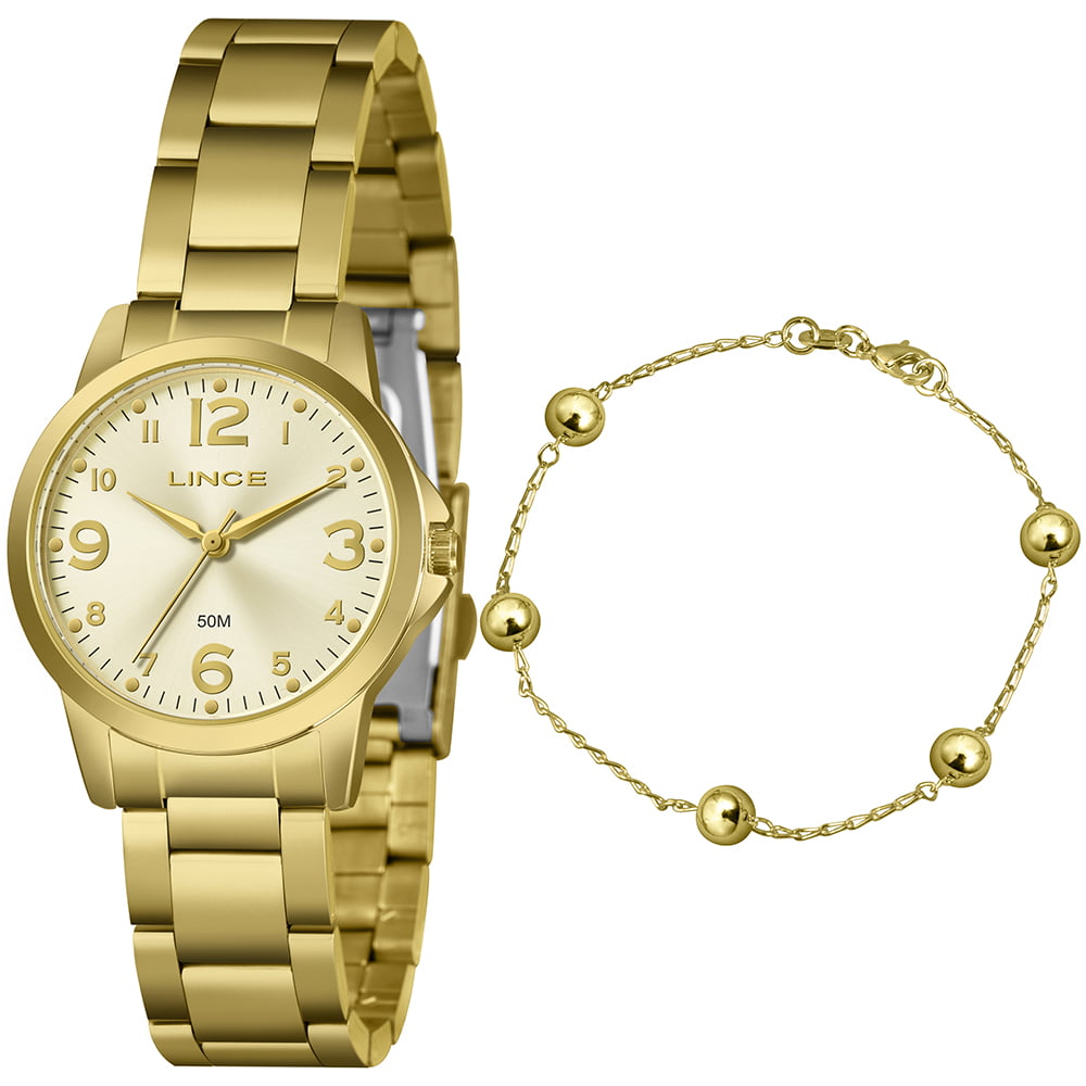 Kit Relógio Lince Feminino Dourado com Numeração Completa Visor Dourado Minimalista Á Prova d'água LRG4847L32