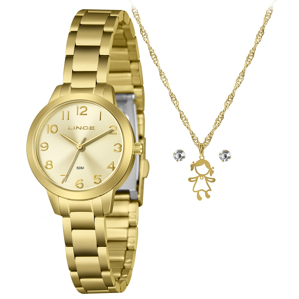 Kit Relógio Lince Feminino Dourado com Numeração Completa Visor Dourado Minimalista Á Prova d'água LRG4848L30