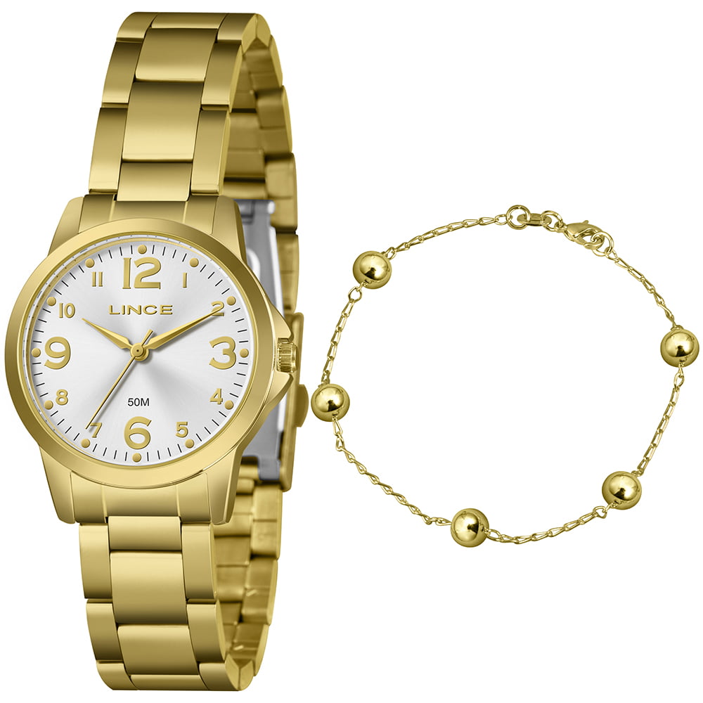 Kit Relógio Lince Feminino Dourado com Numeração Completa Visor Prata Minimalista Á Prova d'água LRG4847L32