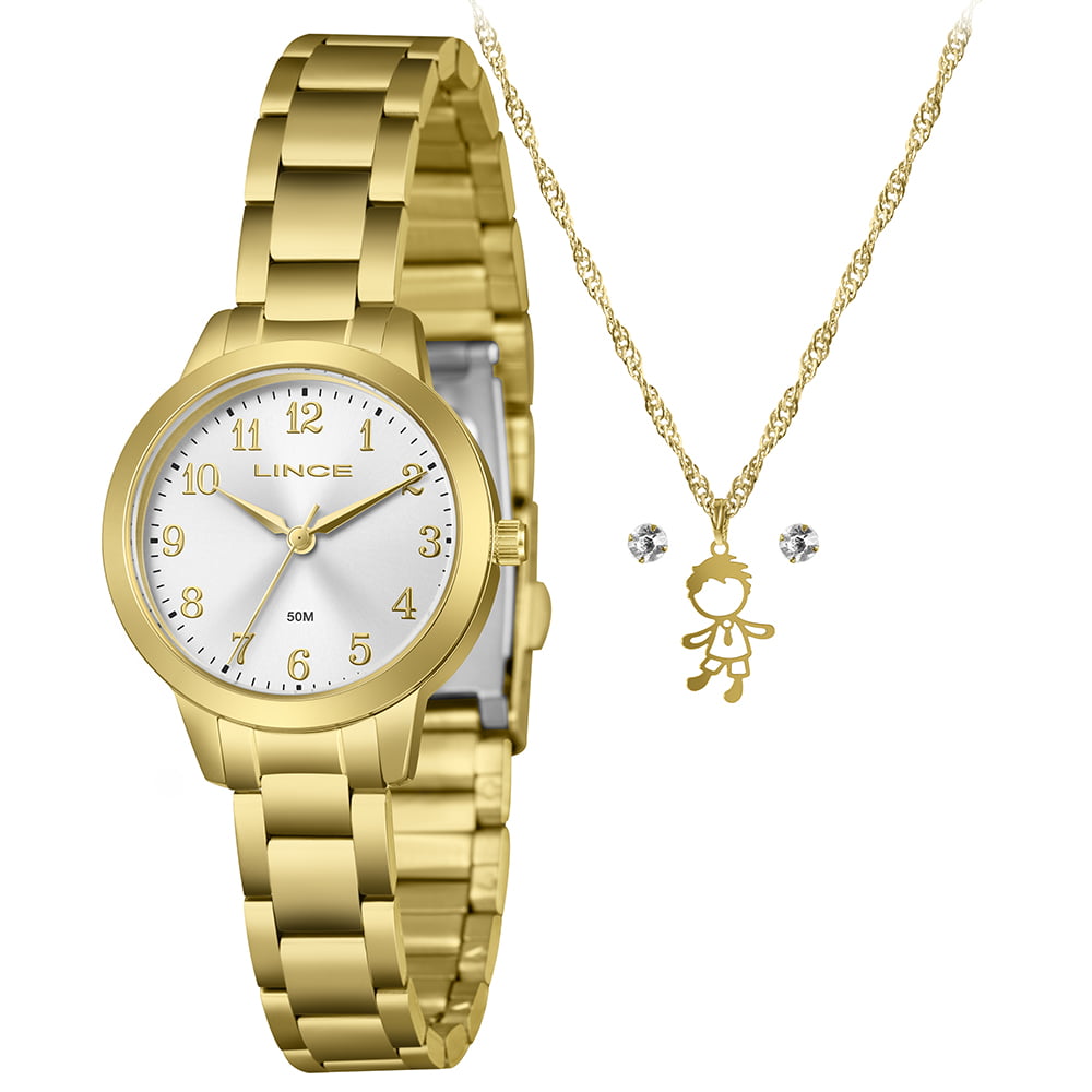Kit Relógio Lince Feminino Dourado com Numeração Completa Visor Prata Minimalista Á Prova d'água LRG4849L30