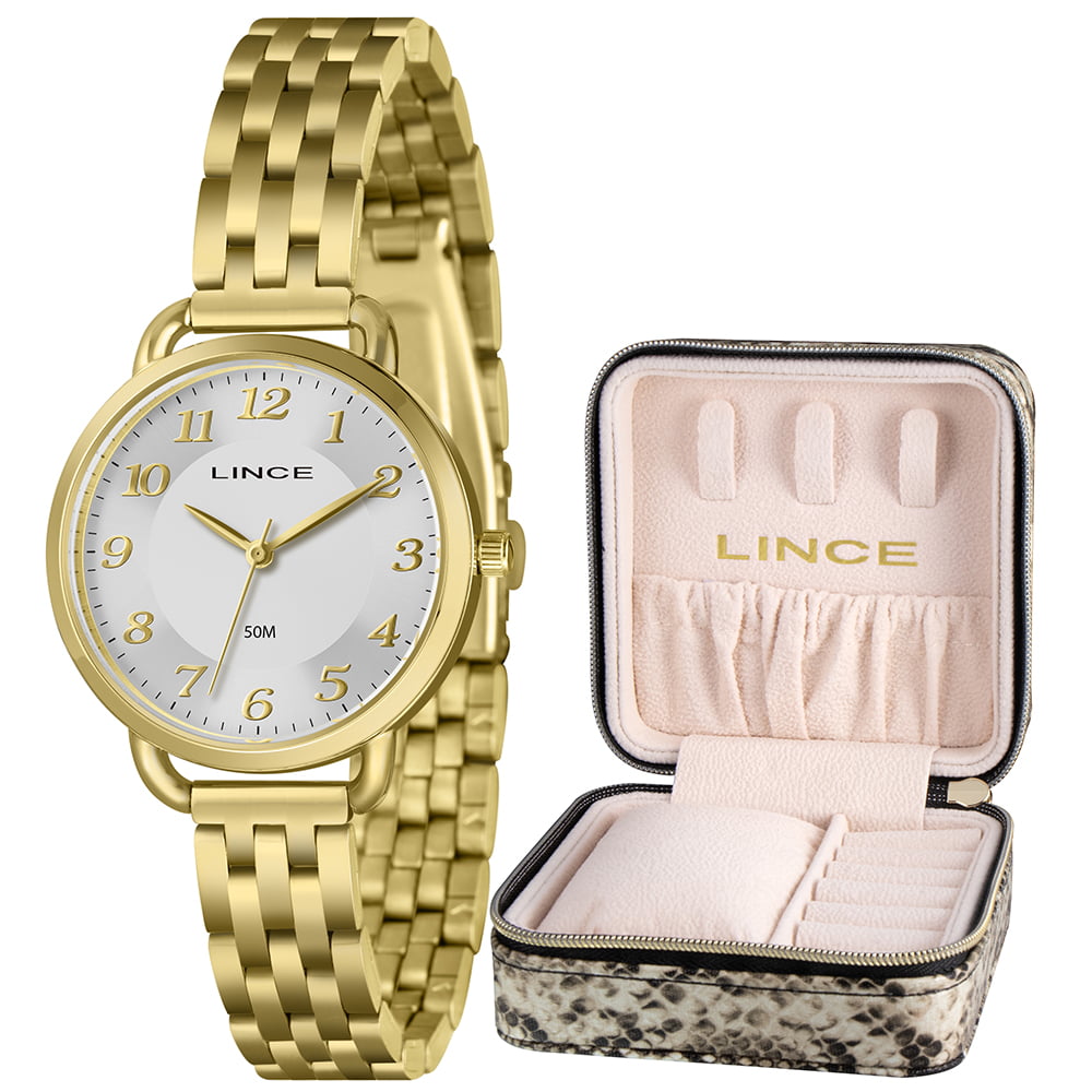 Kit Relógio Lince Feminino Dourado Com Porta-joias Visor Prata Á Prova D'água LRGH304L32