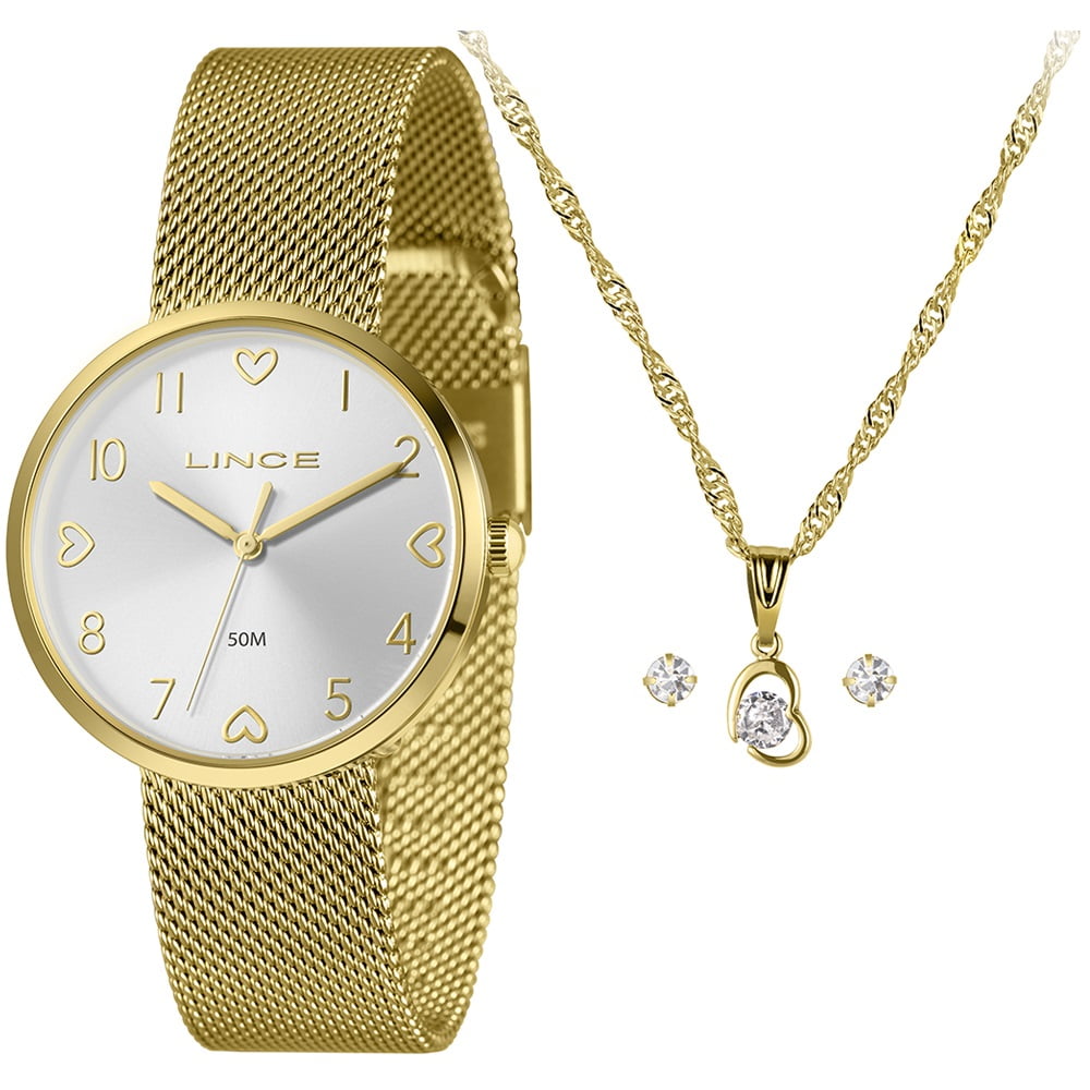 Kit Relógio Lince Feminino Dourado Mostrador Prata Pulseira Milanese Á Prova D'água LRGH209L36