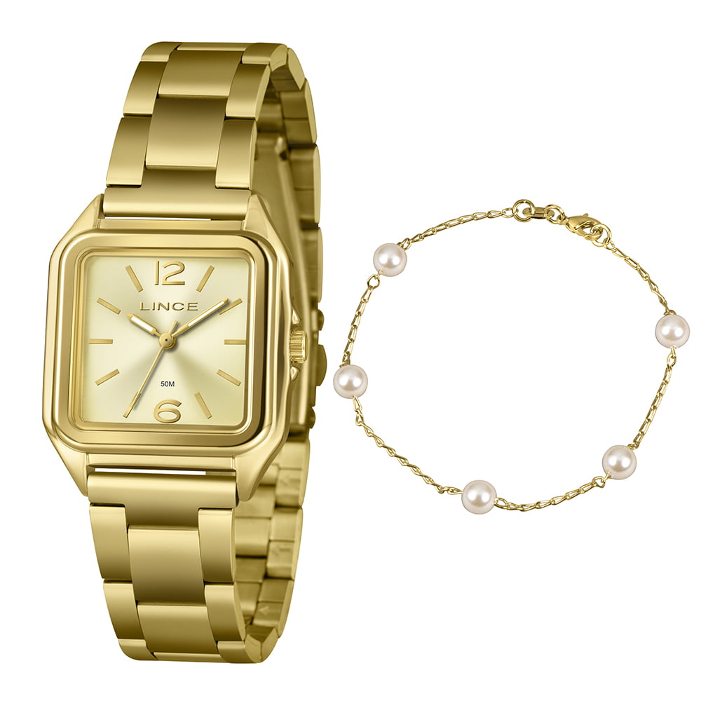Kit Relógio Lince Feminino Dourado Quadrado Visor Dourado Minimalista LQGM060L30