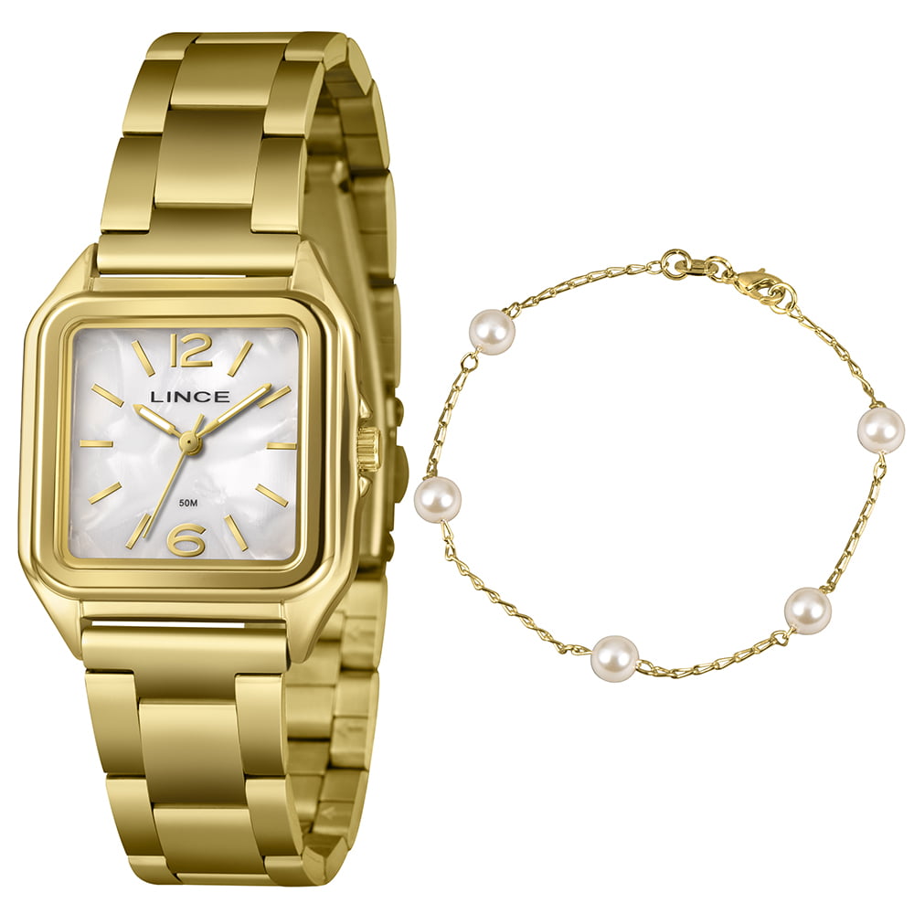 Kit Relógio Lince Feminino Dourado Quadrado Visor Madrepérola Minimalista LQGM060L30