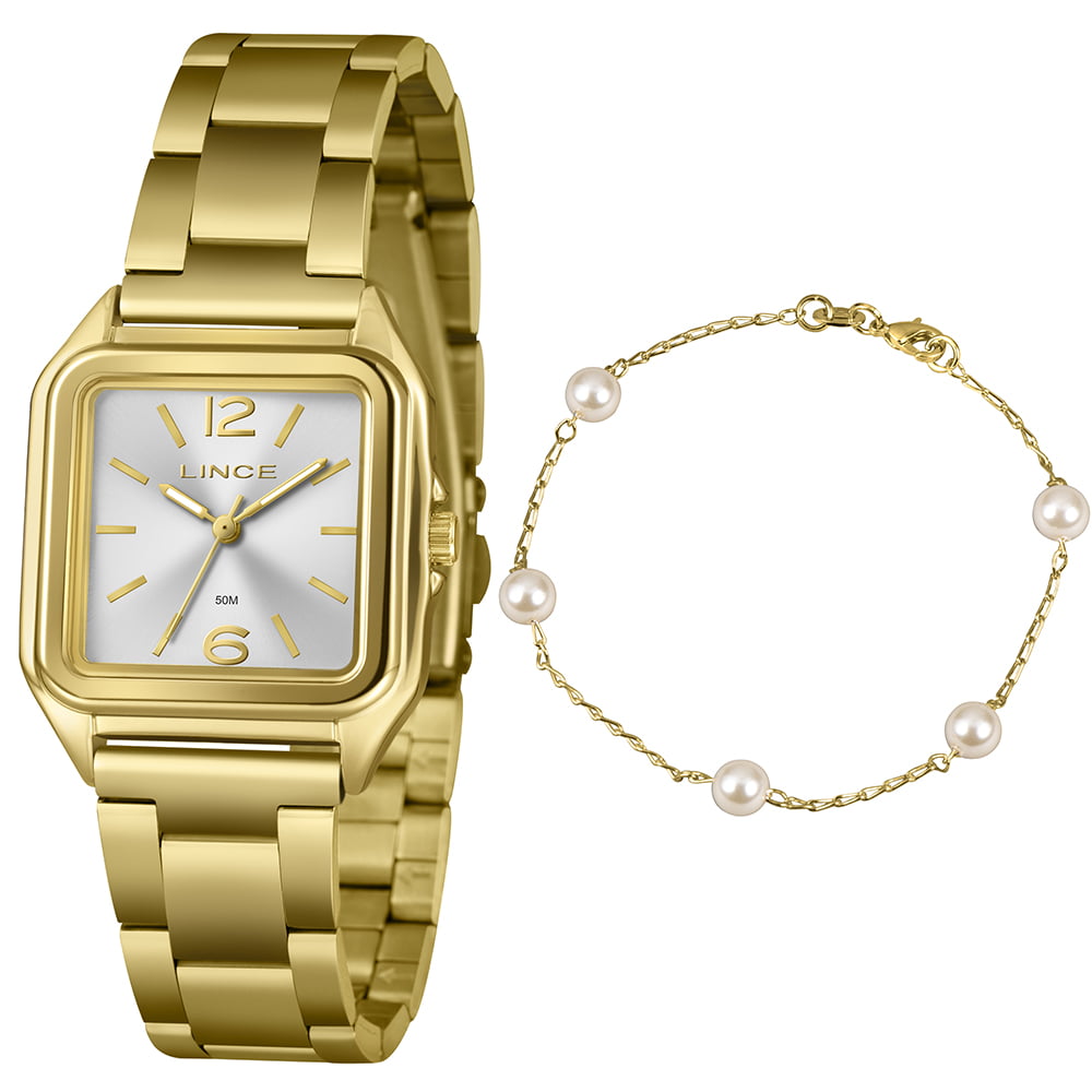 Kit Relógio Lince Feminino Dourado Quadrado Visor Prata Minimalista LQGM060L30