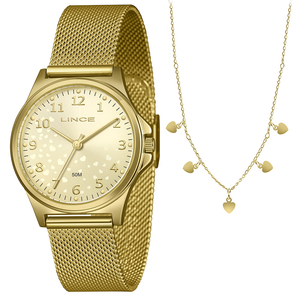 Kit Relógio Lince Feminino Dourado Todo Numerado Visor Champanhe com Coração Pulseira Milanesa Á Prova d'água LRG4846L36