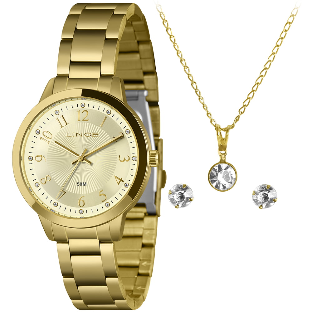 Kit Relógio Lince Feminino Dourado Todo Numerado Visor Champanhe com Cristais Á Prova d'água LRG4788L38
