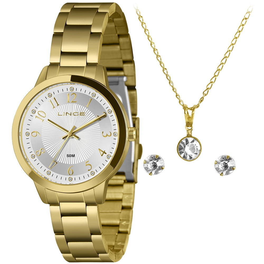 Kit Relógio Lince Feminino Dourado Todo Numerado Visor Prateado com Cristais Á Prova d'água LRG4788L38