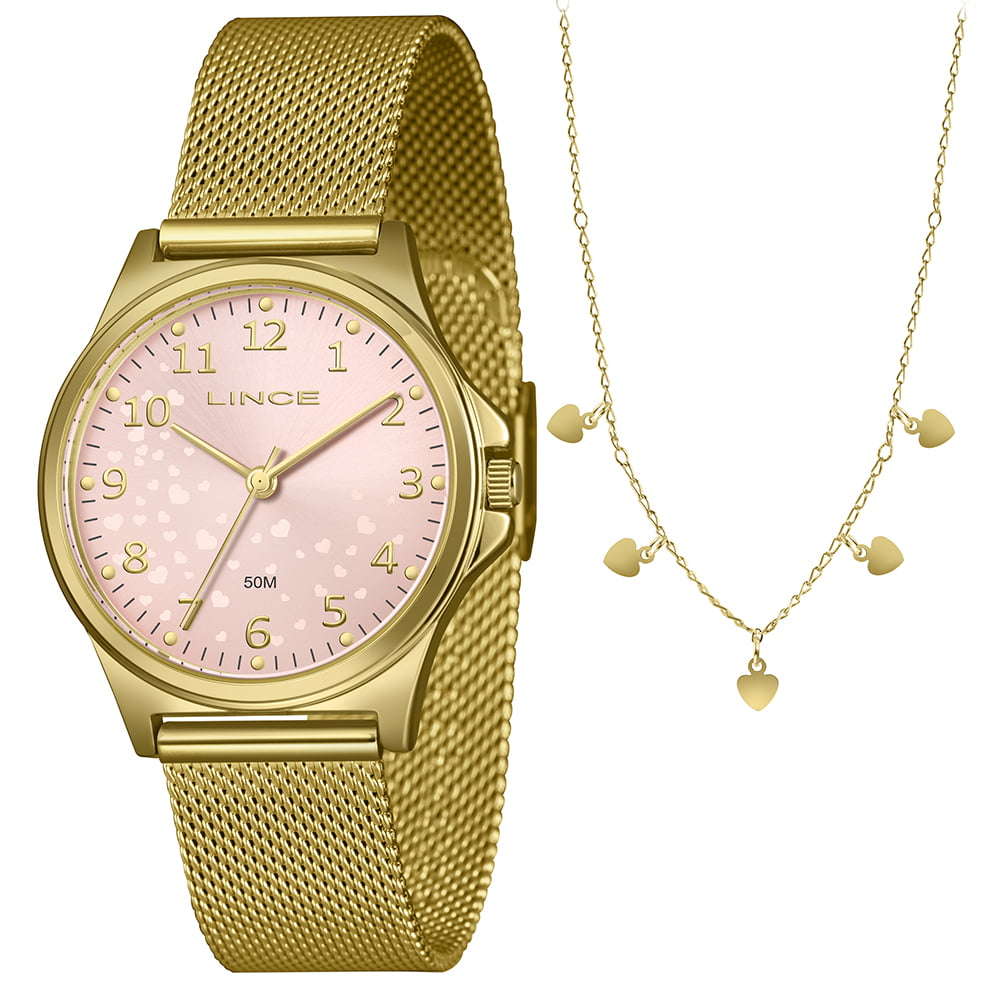 Kit Relógio Lince Feminino Dourado Todo Numerado Visor Rosa com Coração Pulseira Milanesa Á Prova d'água LRG4846L36