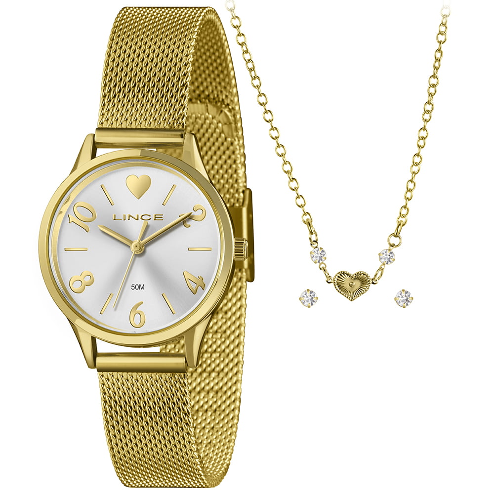 Kit Relógio Lince Feminino Dourado Visor Prata com Pulseira Milanesa Á Prova D'água LRGH242L30