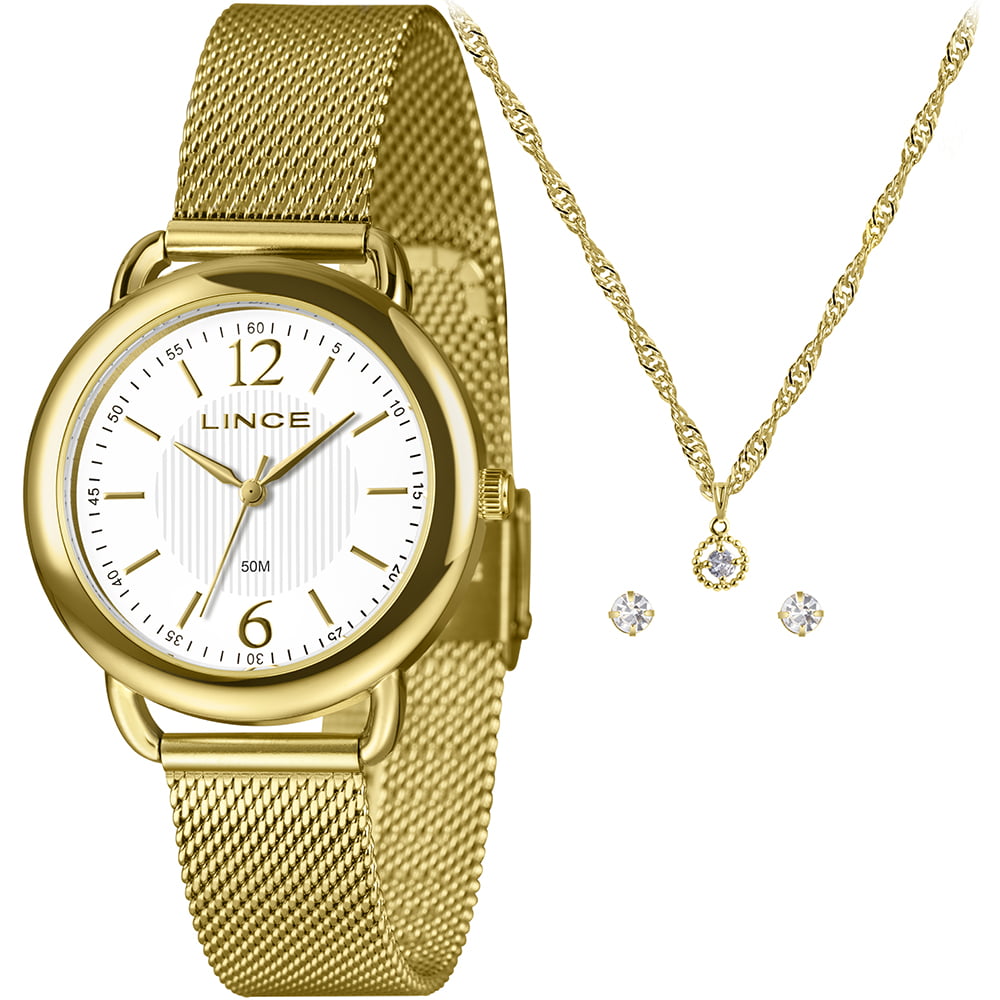 Kit Relógio Lince Feminino Dourado Visor Branco com Pulseira Milanesa Á prova D'água LRGM020L36