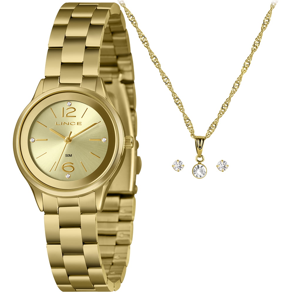 Kit Relógio Lince Feminino Dourado Visor Champanhe Á Prova D'água LRGH003L30
