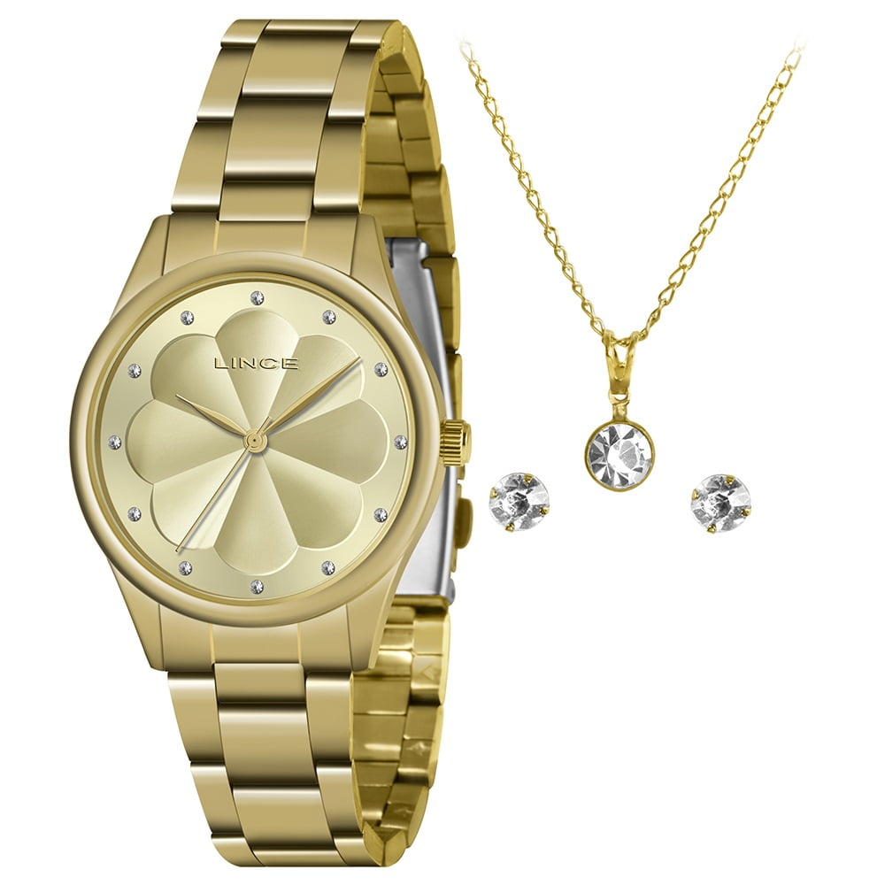 Kit Relógio Lince Feminino Dourado Visor Champanhe com Flor e Cristais á prova d'água LRGJ149L