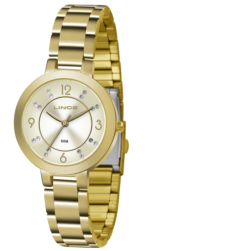 Kit Relógio Lince Feminino Dourado Visor Champanhe com Cristais Pequeno Á Prova d'água LRG4516L