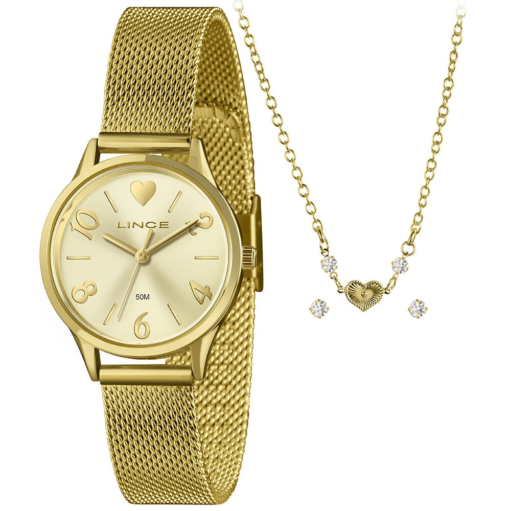 Kit Relógio Lince Feminino Dourado Visor Champanhe com Pulseira Milanesa Á Prova D'água LRGH242L30