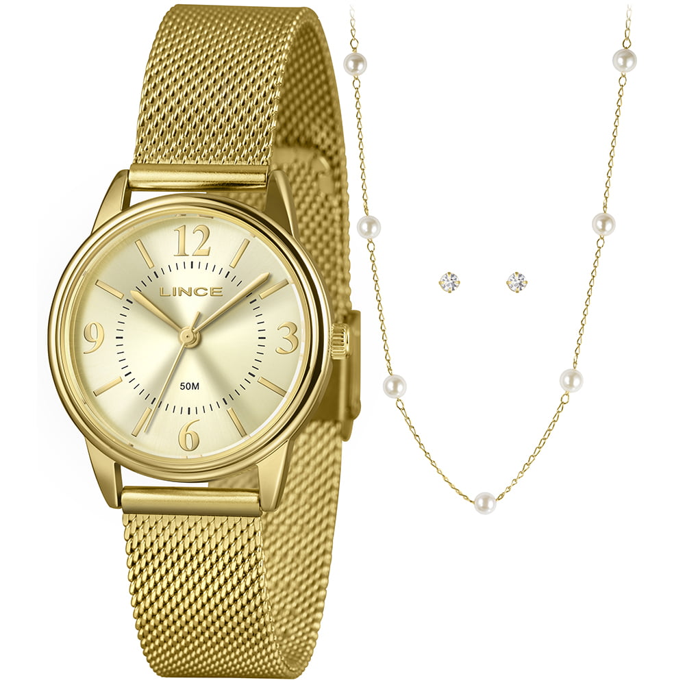 Kit Relógio Lince Feminino Dourado Visor Champanhe com Pulseira Milanesa á Prova D'água LRGM025L32