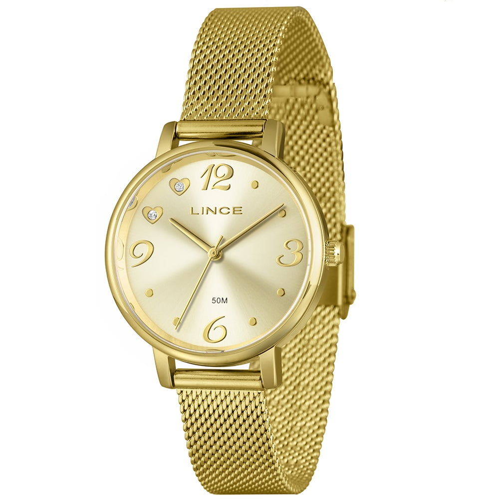 Kit Relógio Lince Feminino Dourado Visor Champanhe com Pulseira Milanesa Á Prova D'água LRGM043L34