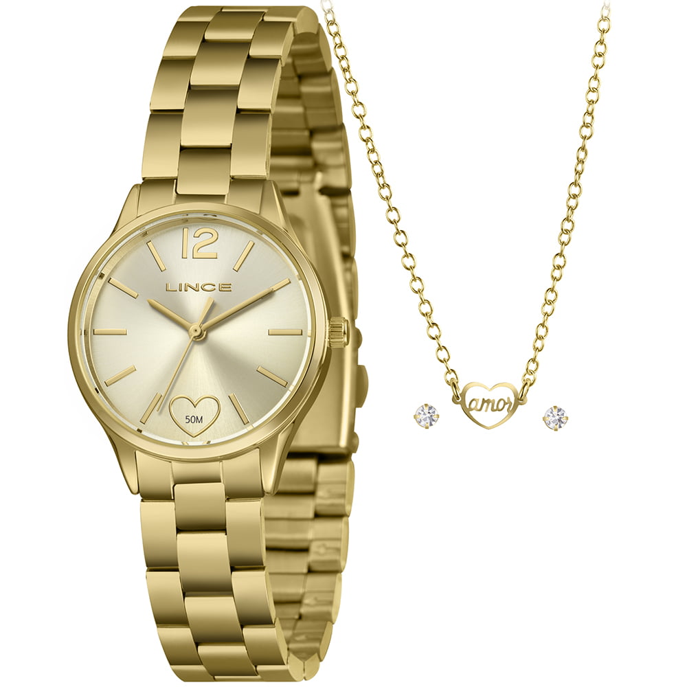 Kit Relógio Lince Feminino Dourado Visor com coração Champanhe Á Prova d'água LRGH243L30