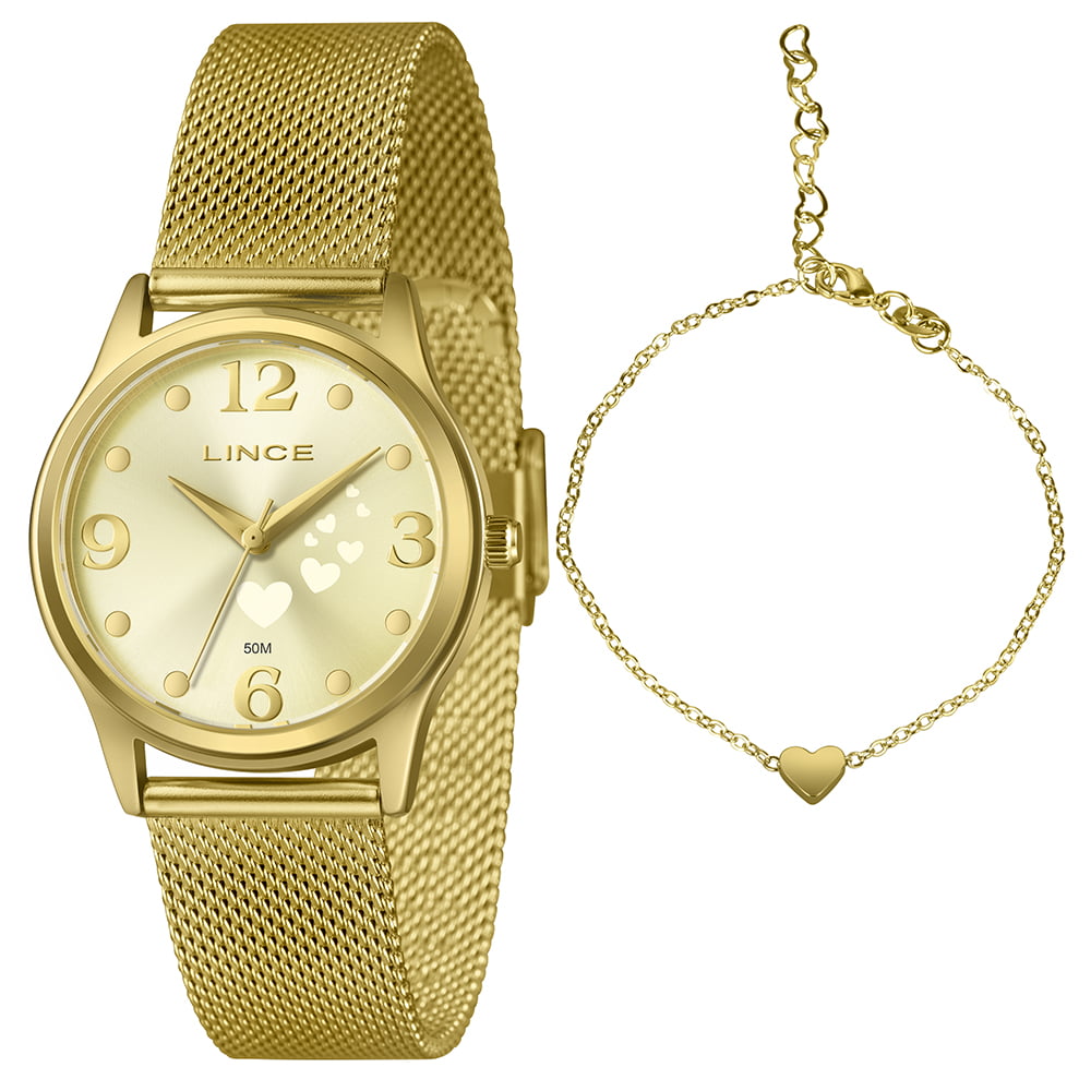 Kit Relógio Lince Feminino Dourado Visor Dourado com Corações Minimalista Pulseira Milanesa Á Prova D'água LRGM061L34