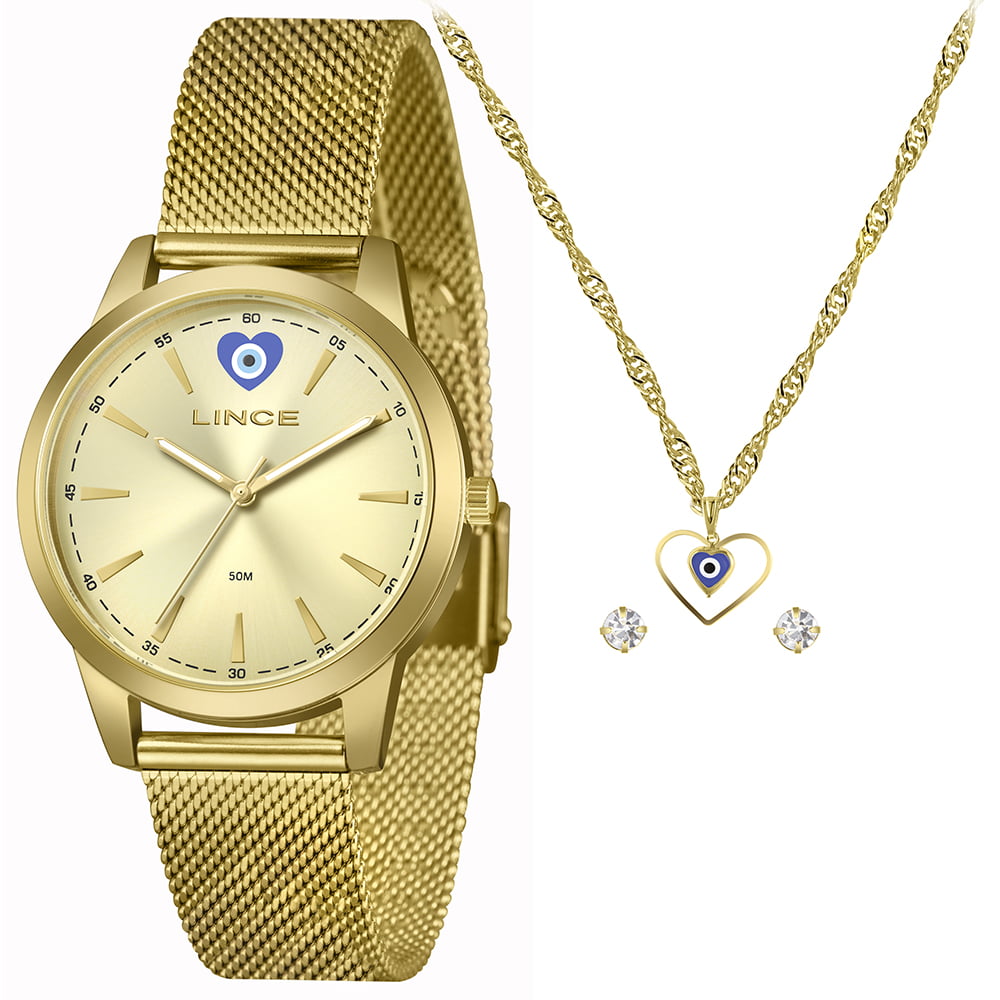 Kit Relógio Lince Feminino Dourado Visor Dourado com Pulseira Milanesa Á Prova D'água LRGM048L38