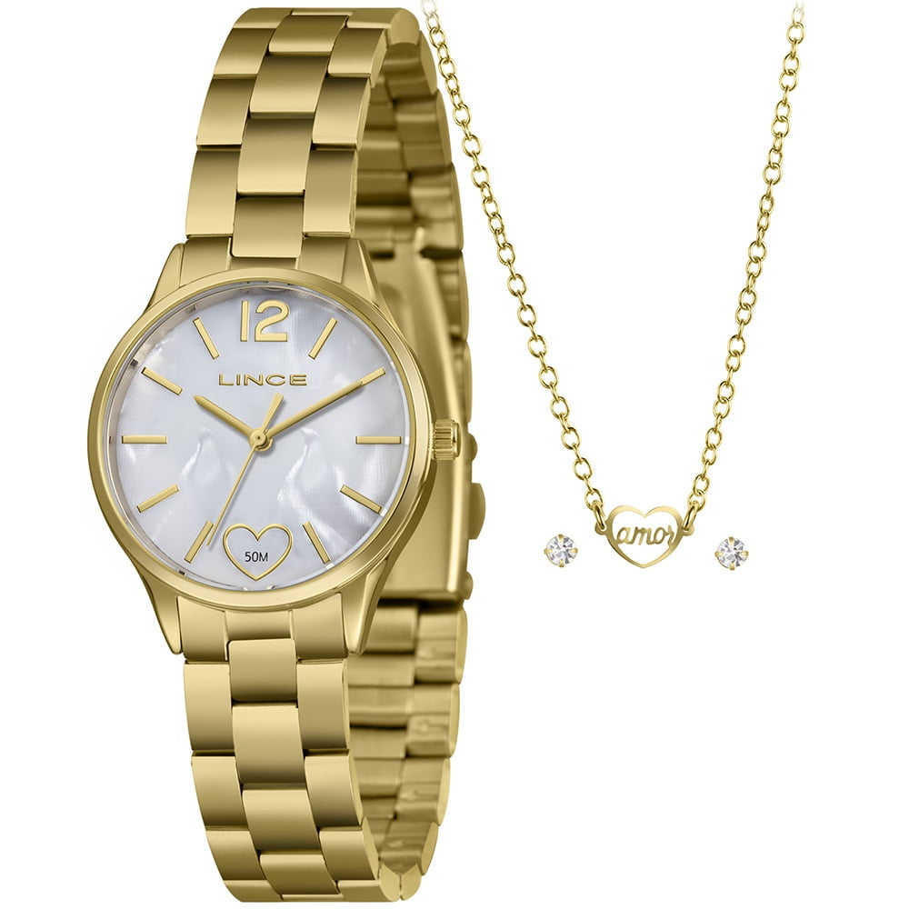 Kit Relógio Lince Feminino Dourado Visor Madrepérola com coração Á Prova d'água LRGH243L30