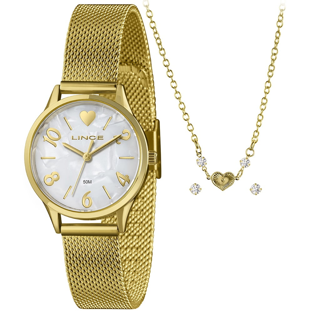 Kit Relógio Lince Feminino Dourado Visor Madrepérola com Pulseira Milanesa Á Prova D'água LRGH242L30