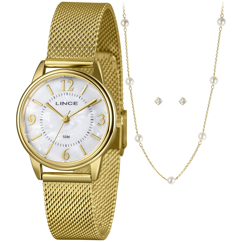 Kit Relógio Lince Feminino Dourado Visor Madrepérola com Pulseira Milanesa á Prova D'água LRGM025L32
