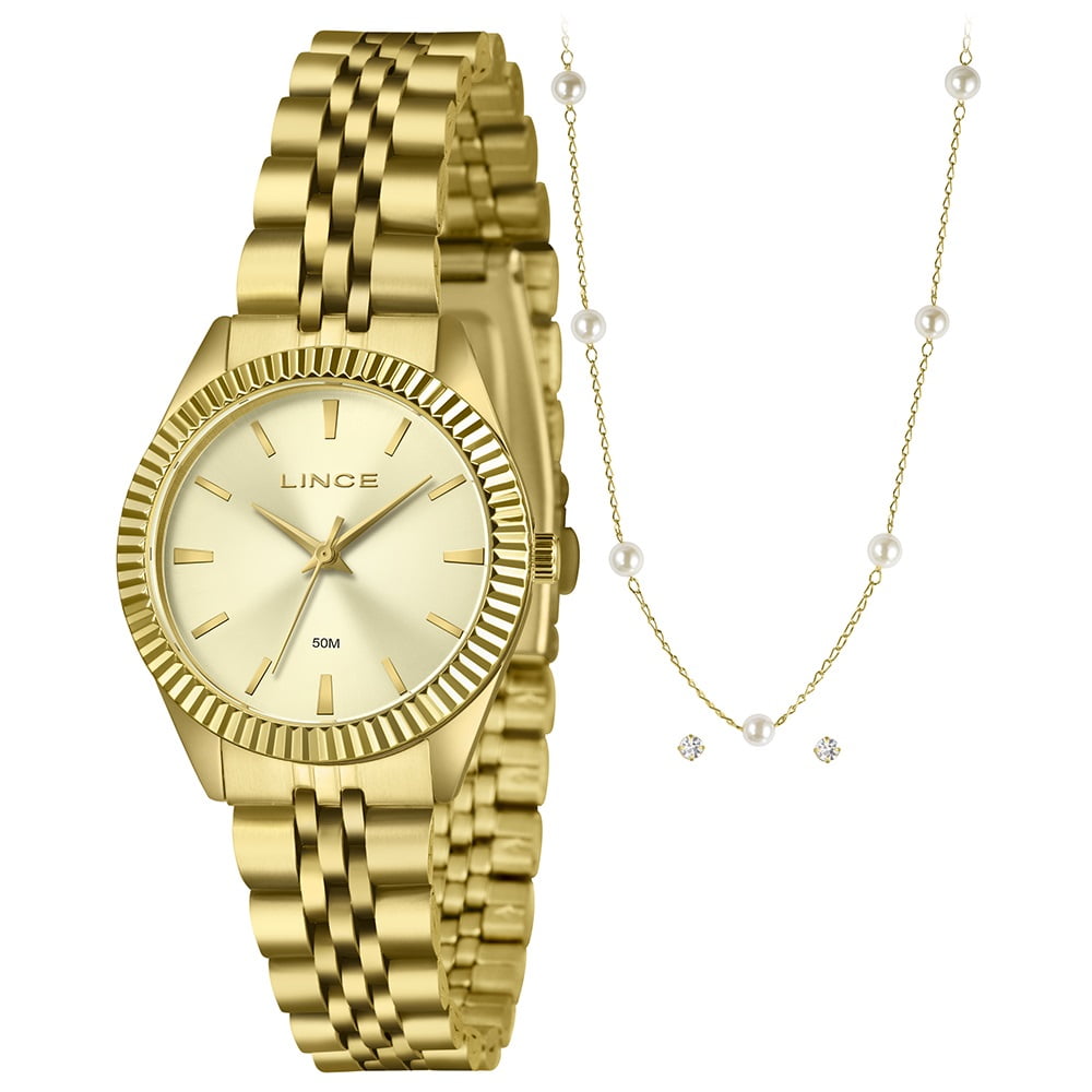 Kit Relógio Lince Feminino Dourado Visor Minimalista Champanhe Á Prova D'água LRGM064L32