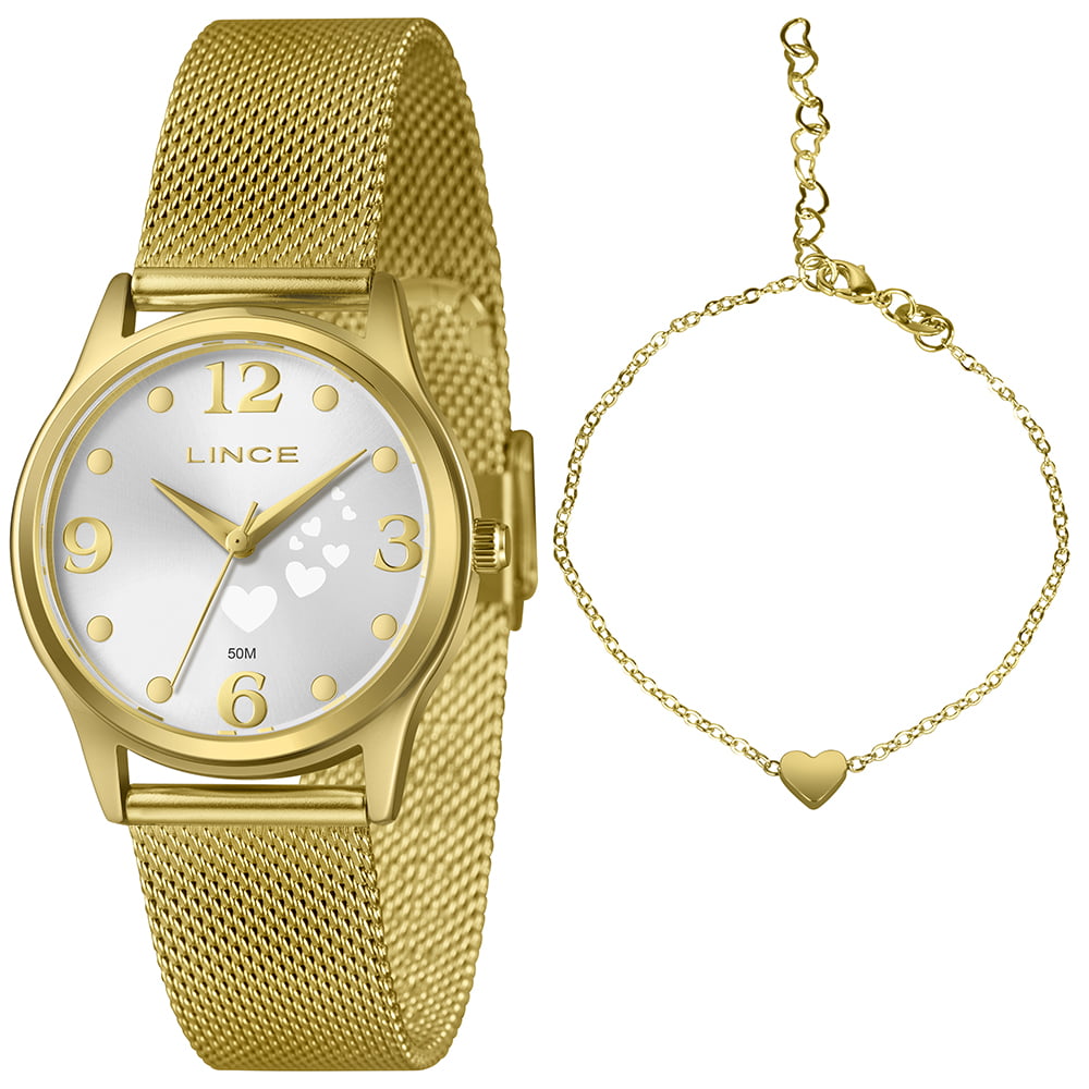 Kit Relógio Lince Feminino Dourado Visor Prata com Corações Pulseira Milanesa Á Prova D'água LRGM061L34