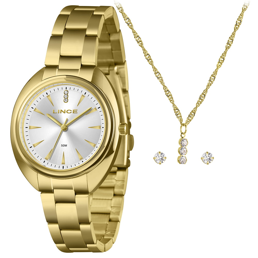 Kit Relógio Lince Feminino Dourado Visor Prata com Cristais Minimalista Á Prova D'água LRGM049L36