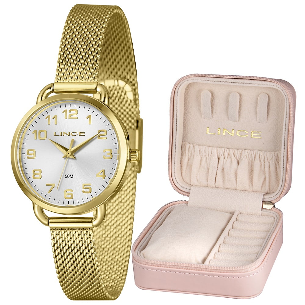 Kit Relógio Lince Feminino Dourado Visor Prata com Numeração Completa Pulseira Milanesa á Prova d'água LRGH280L32
