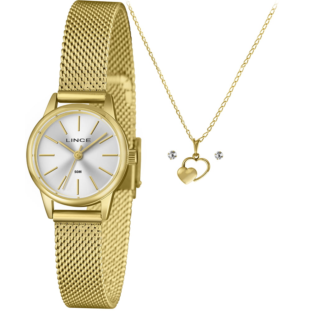 Kit Relógio Lince Feminino Dourado Visor Prata com Pulseira Milanesa Á Prova D'água LRGM085L25