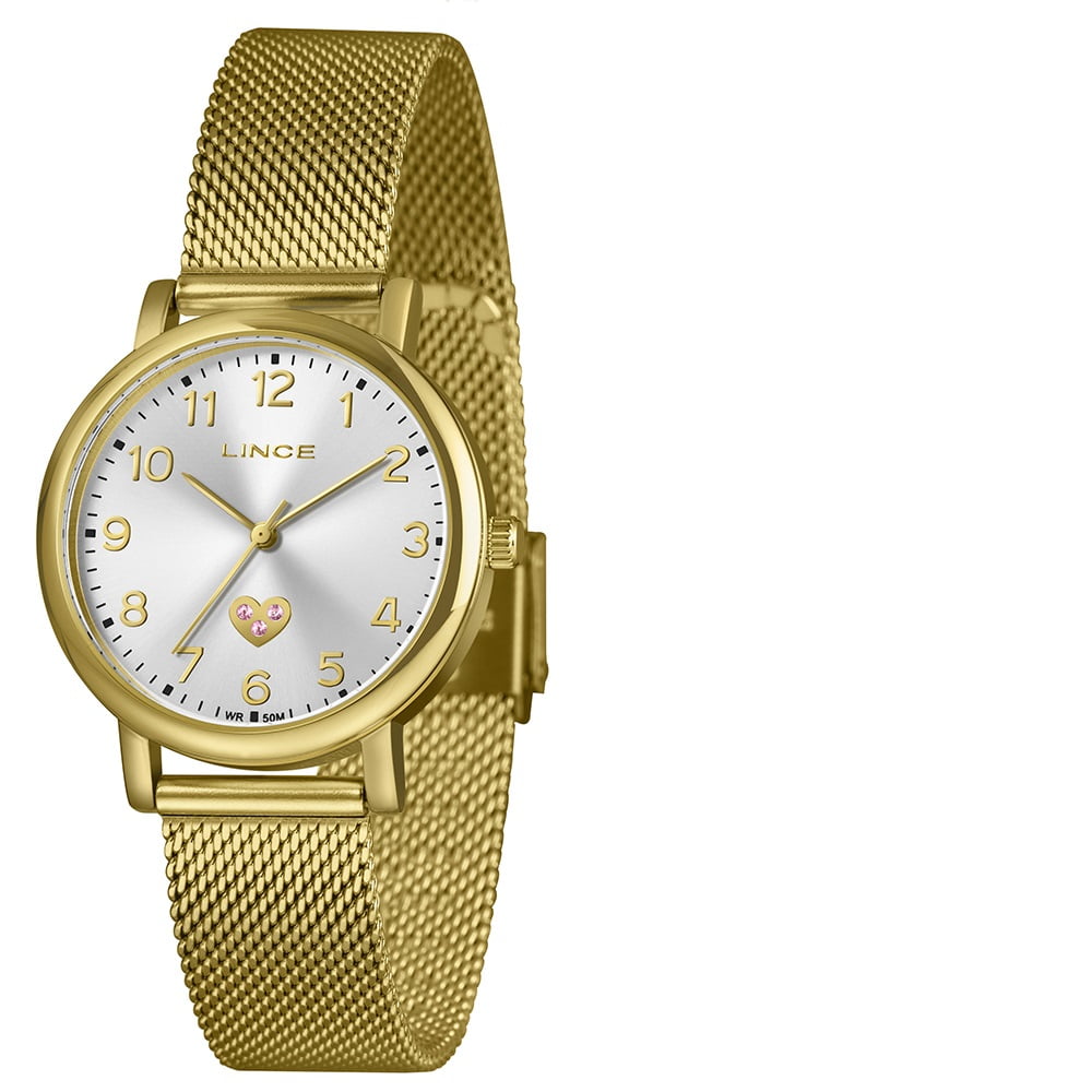 Kit Relógio Lince Feminino Dourado Visor Prata Todo Numerado Detalhe Coração com Pulseira Milanesa á Prova D'água LRGM050L34