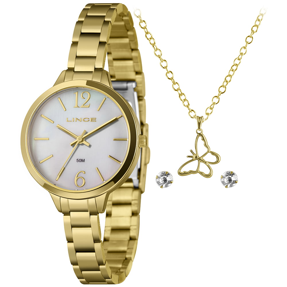 Kit Relógio Lince Dress Feminino Dourado Visor Prateado Á Prova d'água LRG4784L34