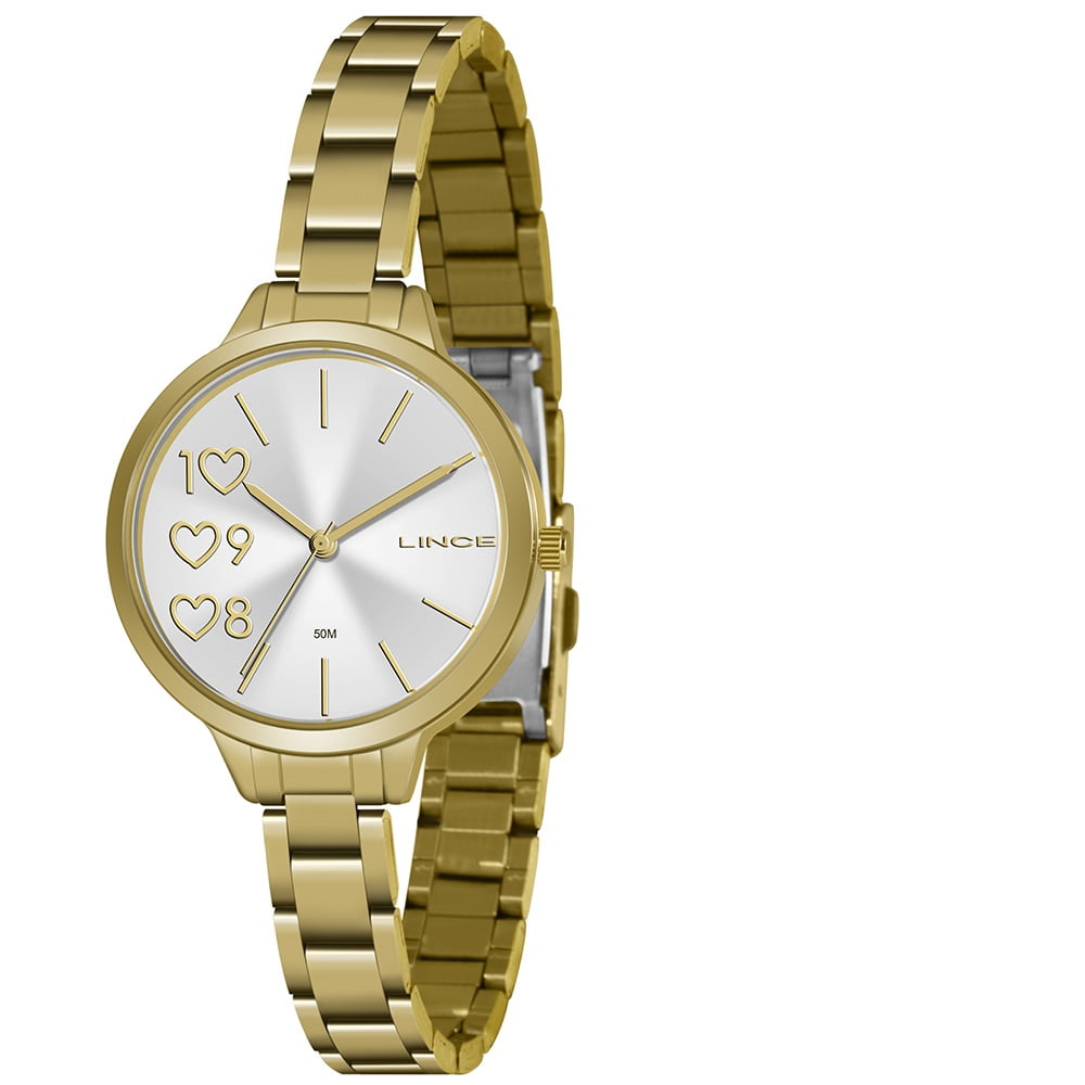 Kit Relógio Lince Feminino Dourado Visor Prata com Corações Á Prova D'água LRG4698L