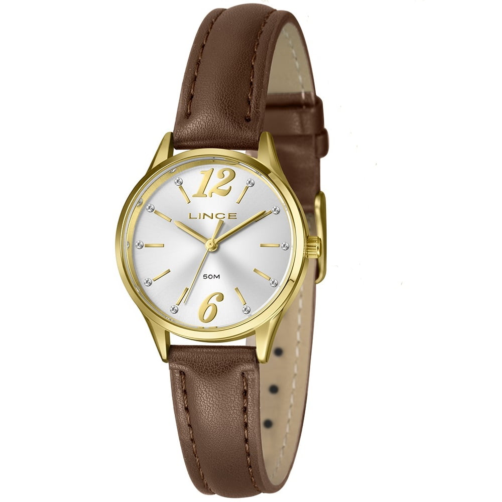 Kit Relógio Lince Feminino Dourado Visor Prateado com Cristais Pulseira em Couro Marrom Á Prova d'água LRCH240L30