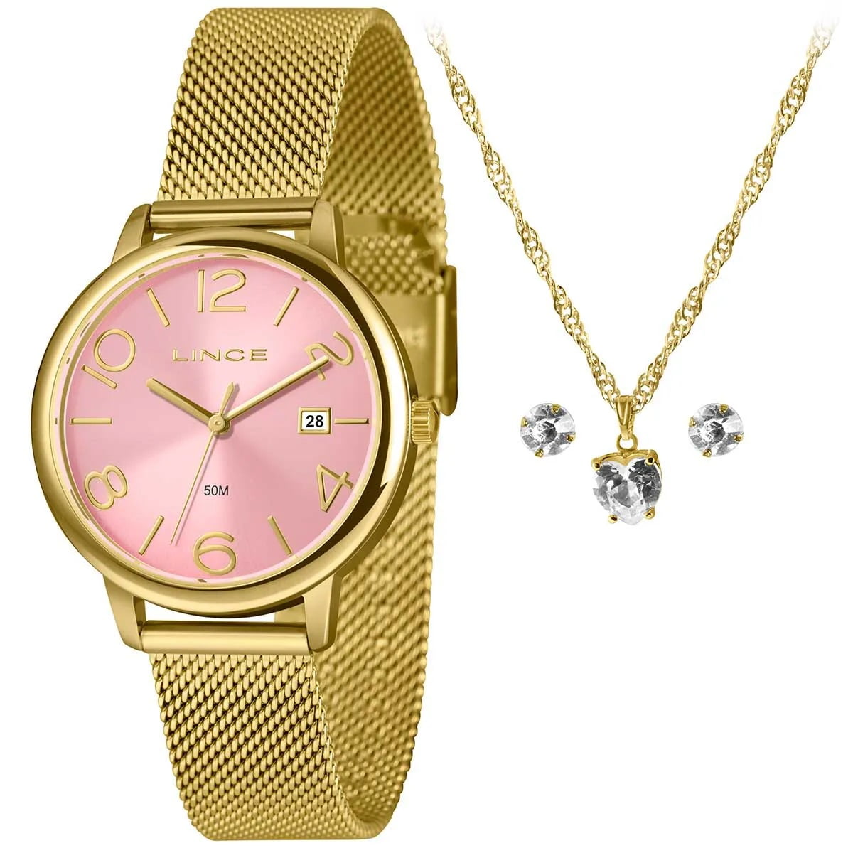 Kit Relógio Lince Feminino Dourado Visor rosa Pulseira Milanesa com Calendário Á Prova d'água LRGH198L36-