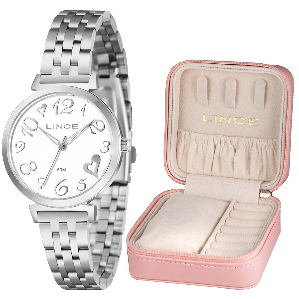Kit Relógio Lince Feminino Prateado Com Porta-joias Visor Branco Á Prova D'água LRMM045L34