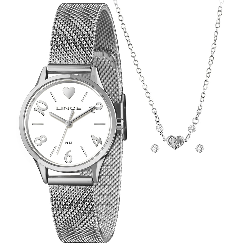 Kit Relógio Lince Feminino Prateado com Pulseira Milanesa Á Prova D'água LRMH242L30