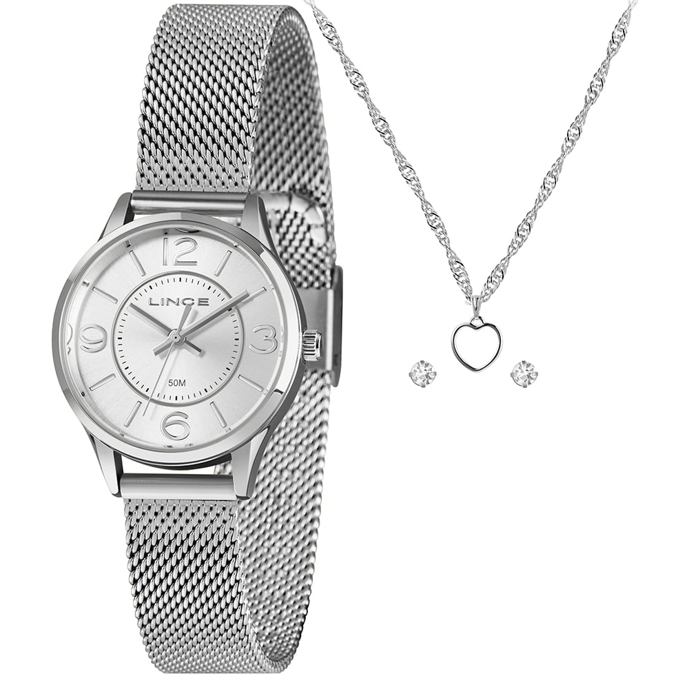 Kit Relógio Lince Feminino Prateado Visor Prata Pulseira Milanesa á Prova d'água LRMH009L30