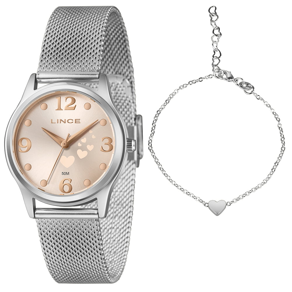 Kit Relógio Lince Feminino Prateado Visor Rose com Corações Minimalista Pulseira Milanesa Á Prova D'água LRMM061L34