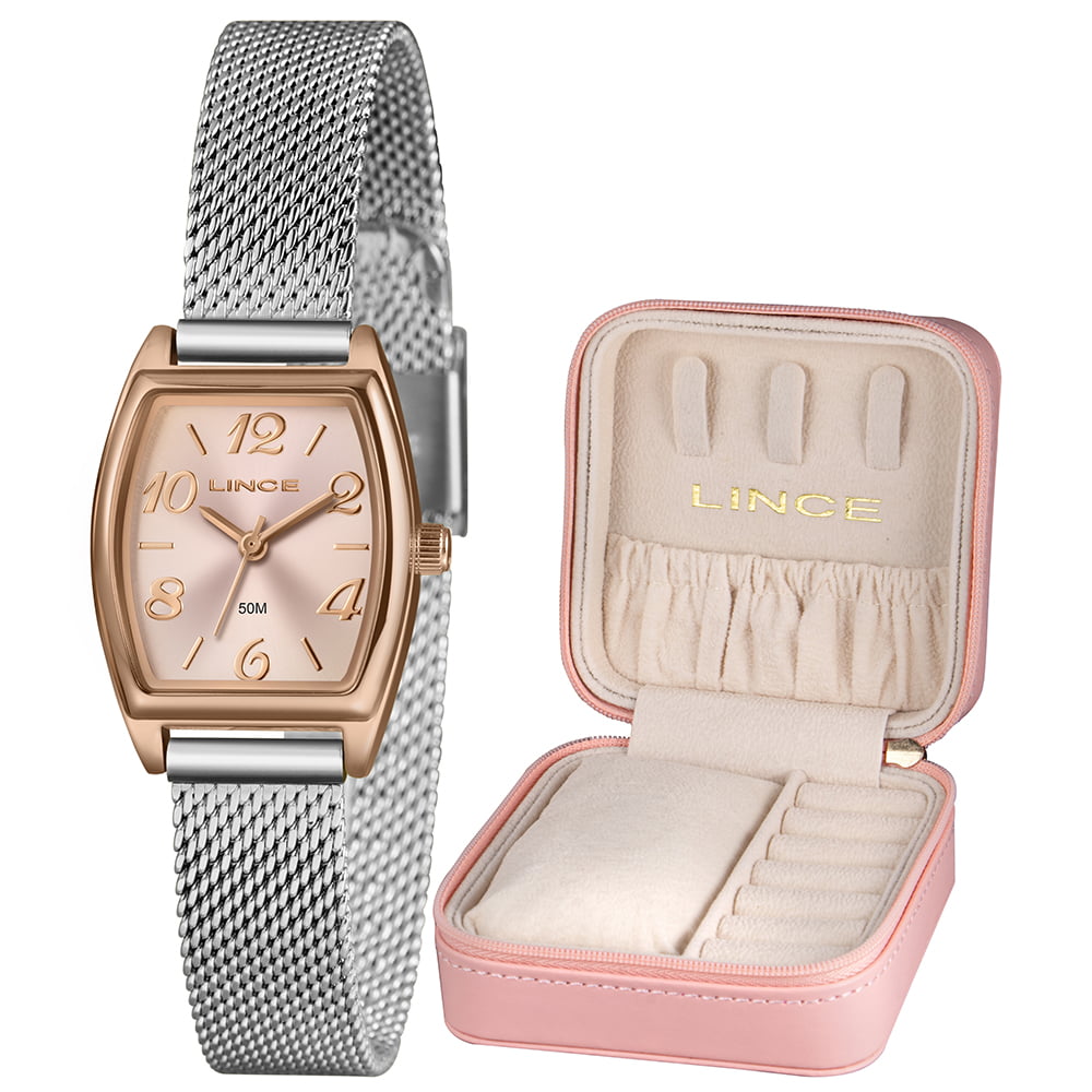 Kit Relógio Lince Feminino Rosé e Prateado Com Porta-joias Visor Rosegold Á Prova D'água LQTH278L22