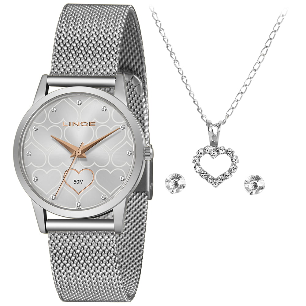 Kit Relógio Lince Feminino Prateado Visor Prateado com Cristais Pulseira Milanesa Á Prova d'água LRM4715L
